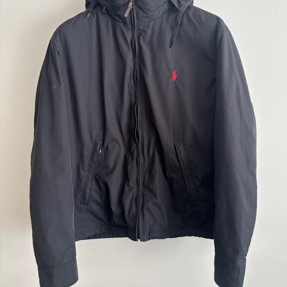 $375 Polo Ralph Lauren Black Insulated Windbreaker Jacket Stowable Hood - Large - Picture 3 of 11